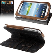 Чехол кожаный "джинсовый" с 3-мя углами установки держателя и кармашками для карт и телефона для Samsung Galaxy Tab 3 (7.0) / P3200 - черный